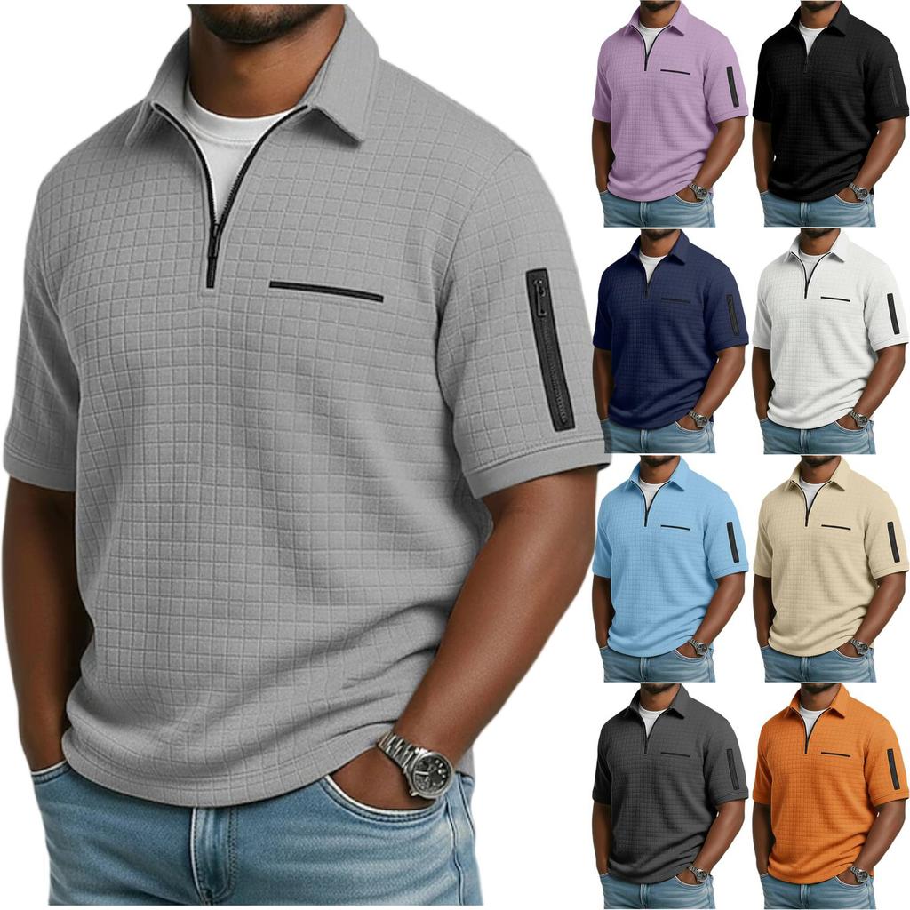 Men's Slim Fit Plaid Short Sleeve Shirt Zipper Front Casual Top with Decorative Arm Zip Pockets