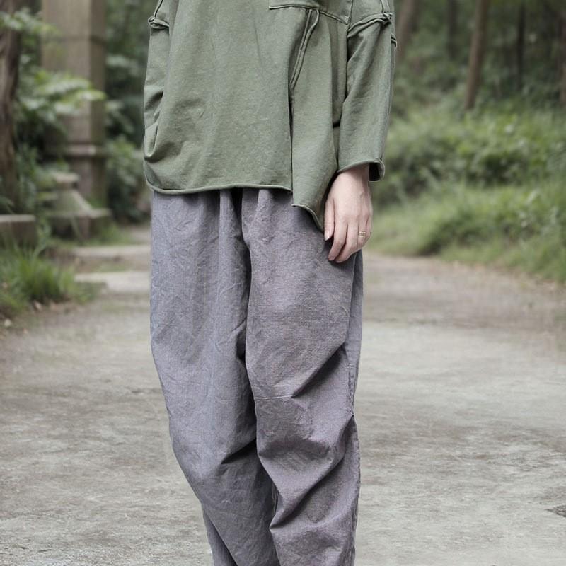 Johnature Women Vintage Wide Leg Pants Fold Elastic Waist Trousers Spring Solid Color Loose Pockets Pants