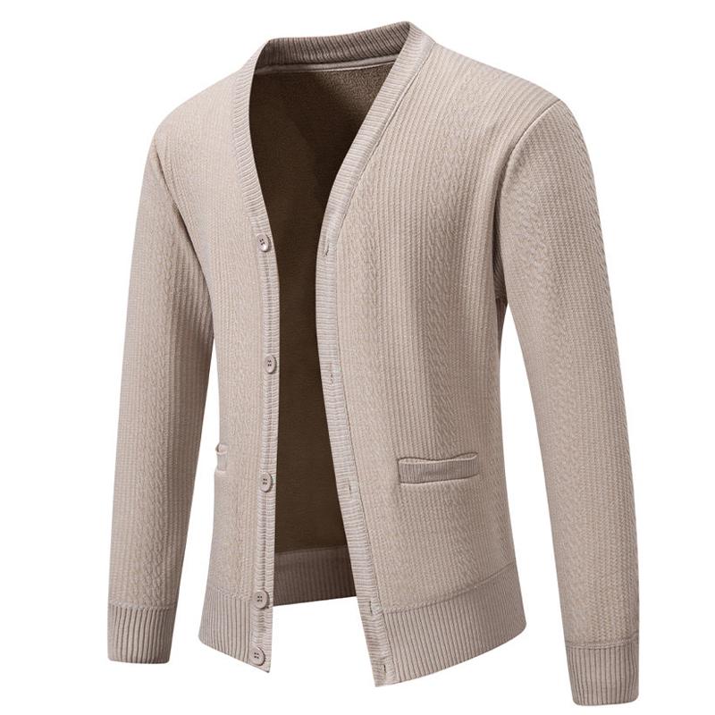 Autumn Winter Men's V-Neck Sweatercoat Casual Knit Cardigan Solid Color Single Breasted Thick Fleece Warm Knitted Sweater Jacket