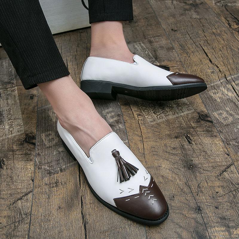 Retro Herren Schwarz Weiß Patchwork Quasten Lackleder Brogue Kleid Formell Spitz Business Oxford Schuhe Hochzeit Abschlussball Schuhe