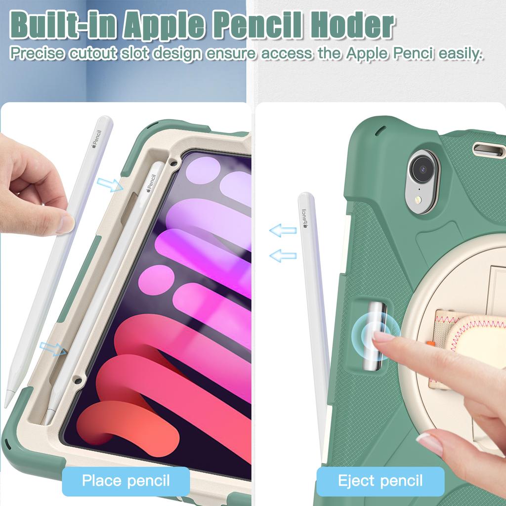 Heavy Duty Case Universal For iPad Mini 7 A17 Pro 2024 2021 8.3" Rotatable Stand Hybrid Cover With Hand Shoulder Strap, Pen Slot