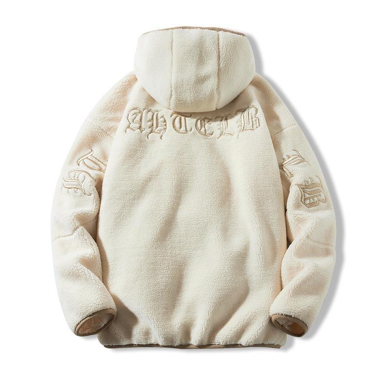 Cotton-padded Men's Winter Lamb Wool Coat Men's Letter Fleece Thickened Loose Lamb Fleece Hooded Plush Cotton Suit Tide
