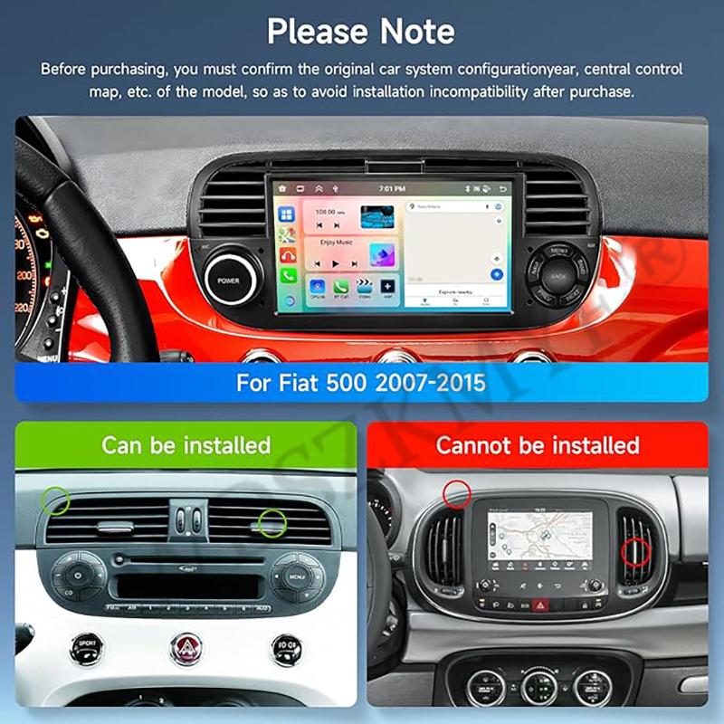 Android 13 Wireless CarPlay for Apple 2Din Auto Radio for FIAT 500 Abarth 2007 2008 2009-2015 Multimedia Screen Stereo GPS BT