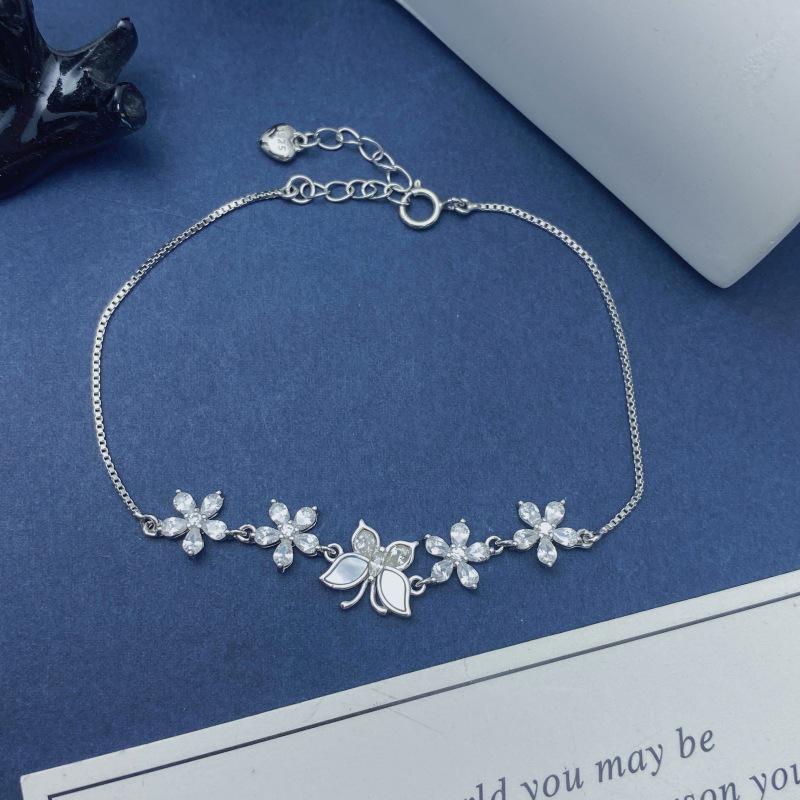 S925 Sterling Silver Butterfly & Flower Bracelet - Korean Style, Elegant, Versatile, Inlaid Design 925 Sterling Silver