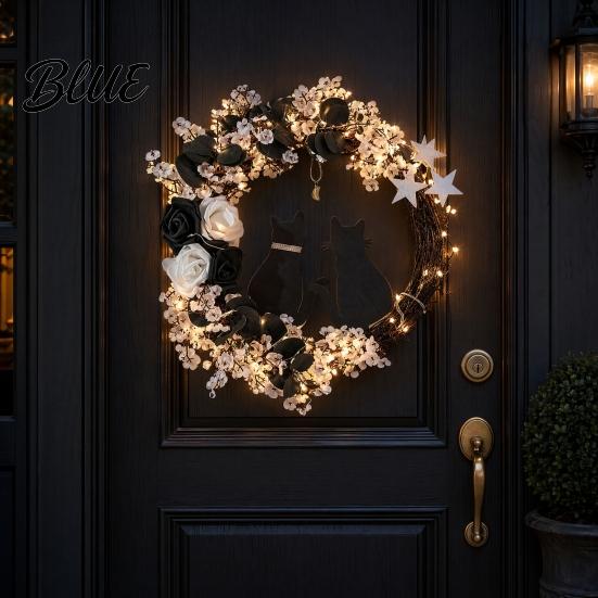 Halloween Store Decoration Lights Floral Garland with String Lights Black Cat Silhouette Door Wreath Wreath for Front Indoor Outdoor Wall