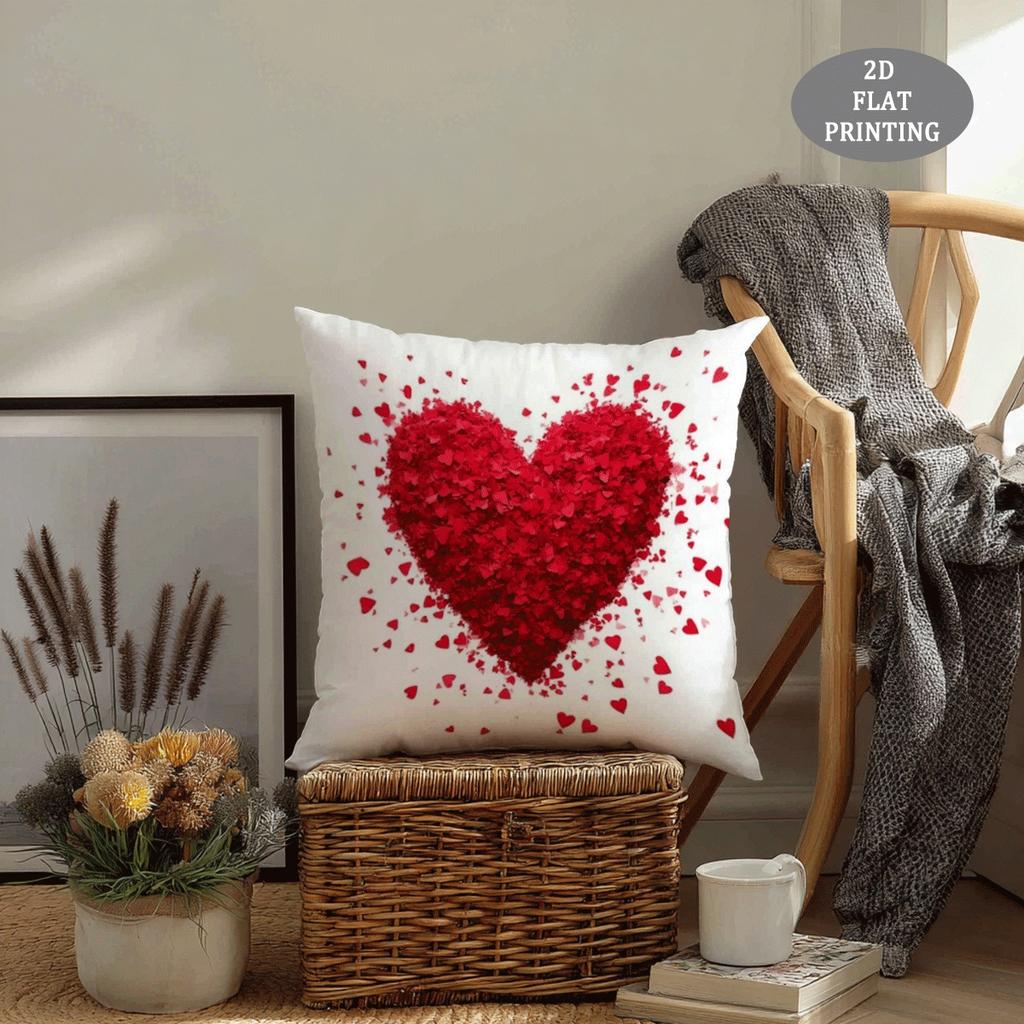 1pc Red Heart-Shaped Petal Pattern Plush Throw Pillow Cover | 2D Flat Printing, Single-Sided, 18x18 inch, Suitable for Sofa and Living Room Decor
