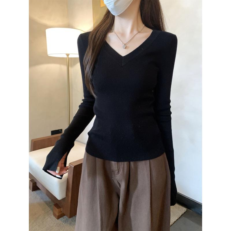 

Autumn and winter new gentle temperament collar slim versatile Andy velvet with knitted sweater top women L чёрный