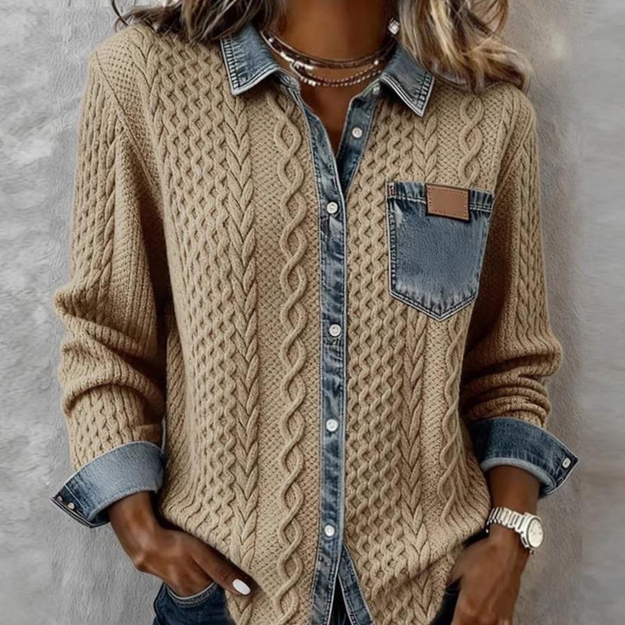 New Wind Knitted Patchwork Denim Shirt Women Autumn Winter Fashion Versatile Long Sleeve Cardigan Jacket