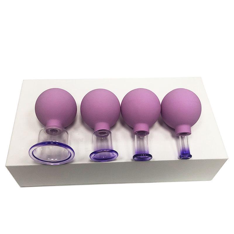 Purple Cupping Set: 4-Piece Glass Vacuum Suction Cups with Rubber Bulbs - Gift Box for Facial Cupping Therapy