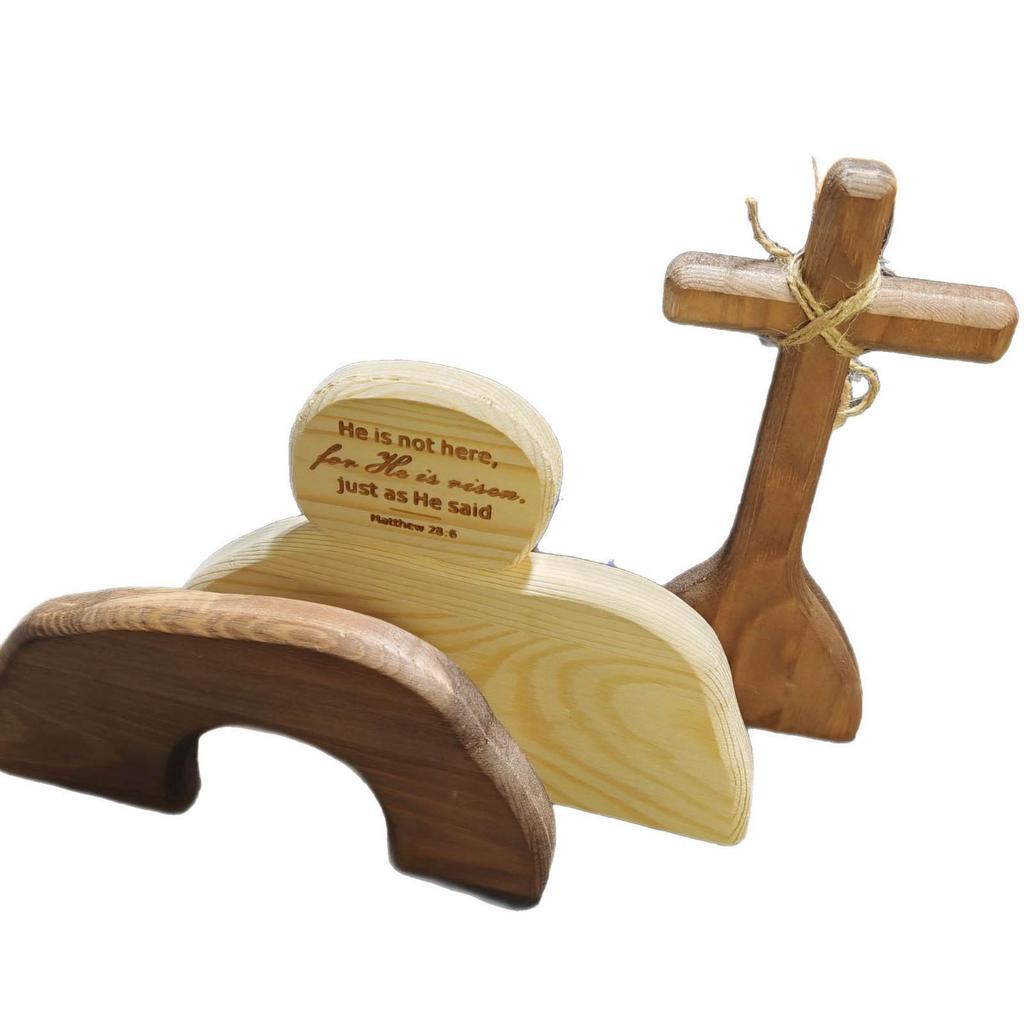 Empty Tomb Easter Scene & Cross Wooden Decor  He Is Risen Tomb Tray Set, Easter Resurrection Decoration For Home, Tabletop