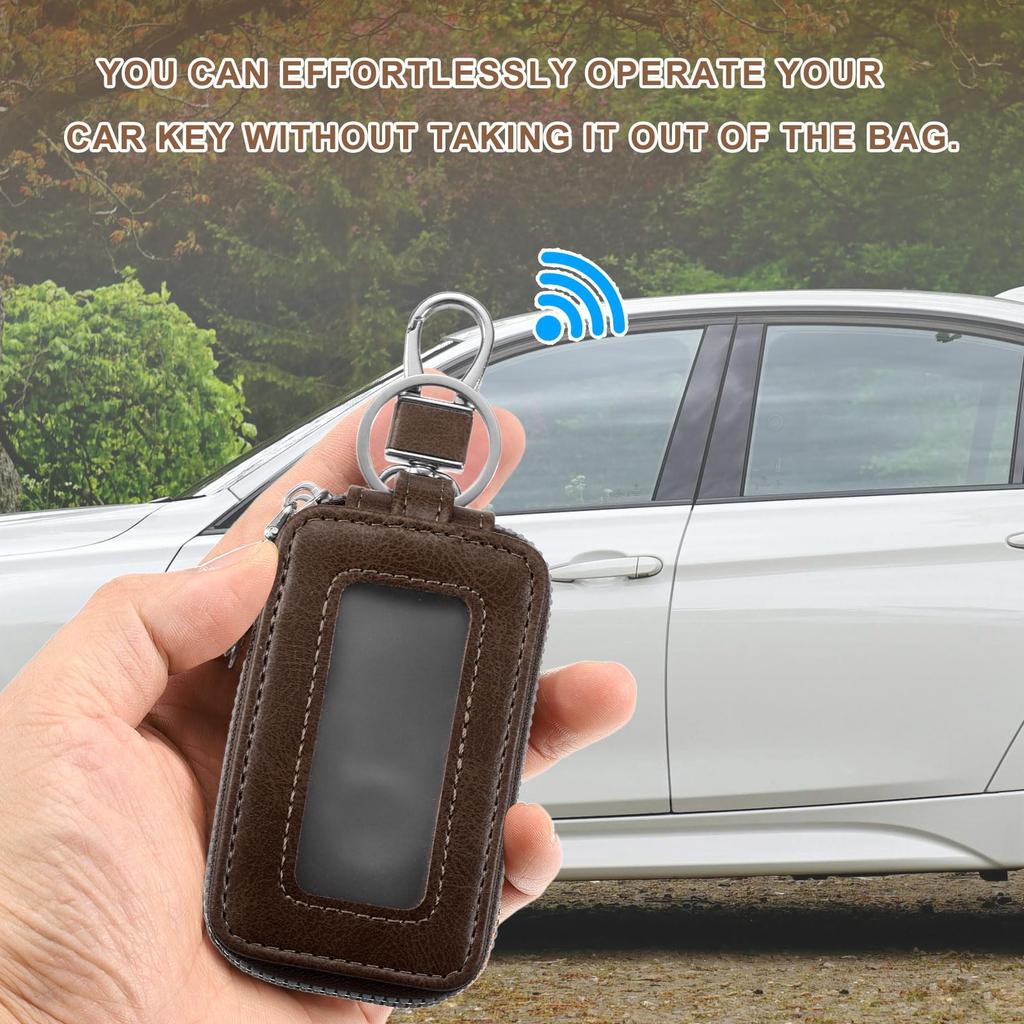 Khaki Key Fob Case Leather RFID Compatible Smart Keychain Key Holder with Metal Hook Key Ring Zipper Bag for Limo Conkey Fob Brown [uxcell]