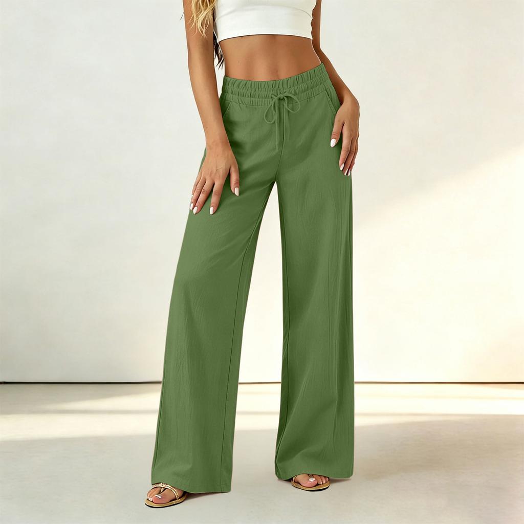 Women High Waist Loose Fit Trousers Drawstring Wide Leg Pants Elastic Waistband Casual Office Style Lightweight Fabric