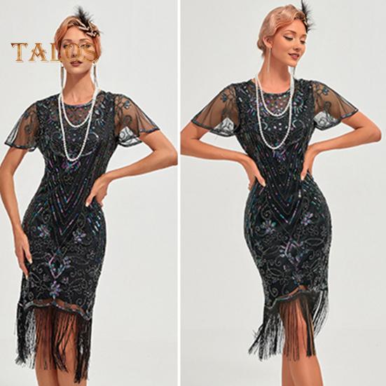 Ballkleid für Damen im Vintage-Stil, mit hohler Spitze, Quaste und Pailletten-Dekor, durchsichtig, runder Halsausschnitt, kurze Ärmel, schmale Passform, Reißverschluss auf der Rückseite, Cocktailparty