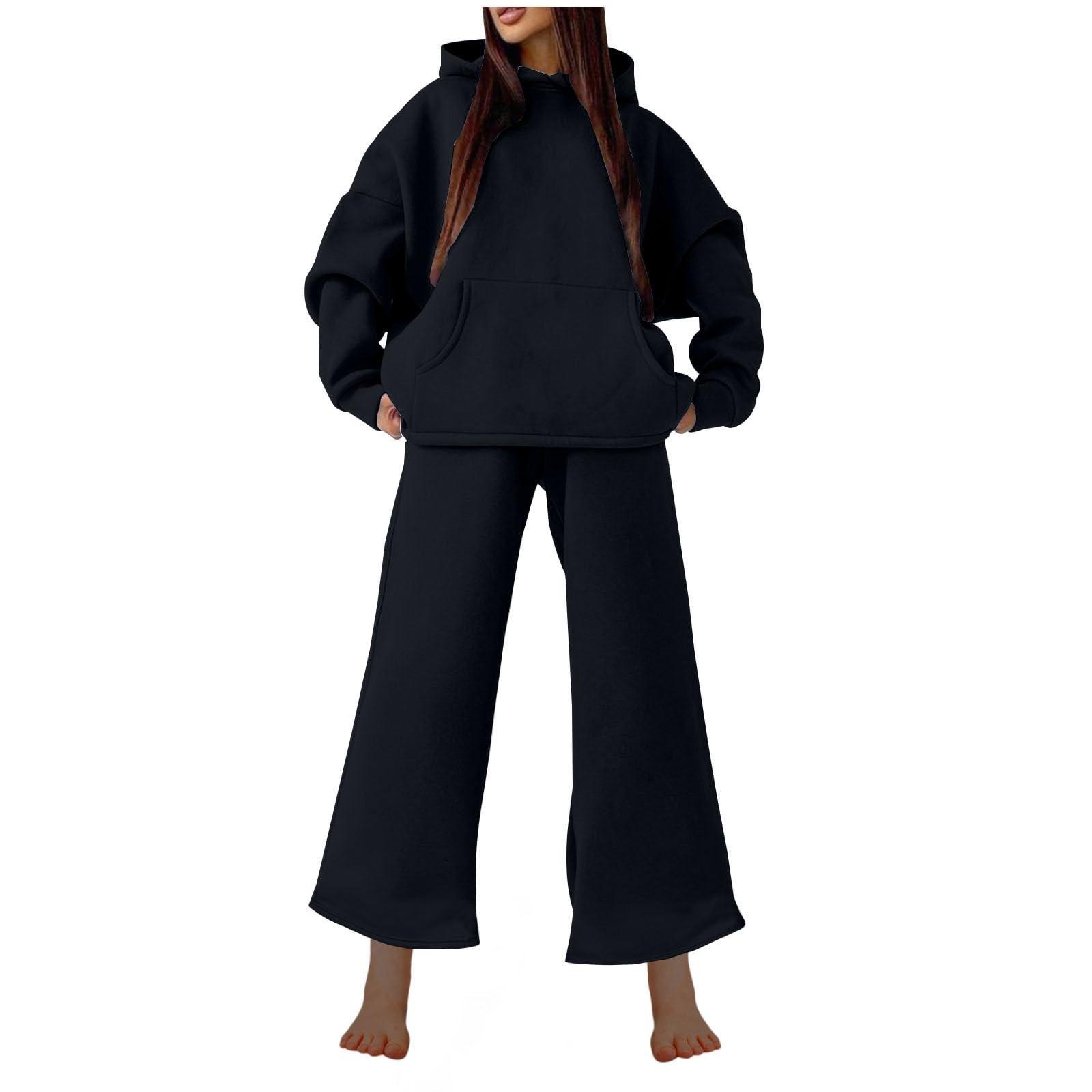 

Женская осенне-зимняя мода повседневный спортивный стиль с капюшоном и карманом толстовка комплект из двух предметов XL чёрный