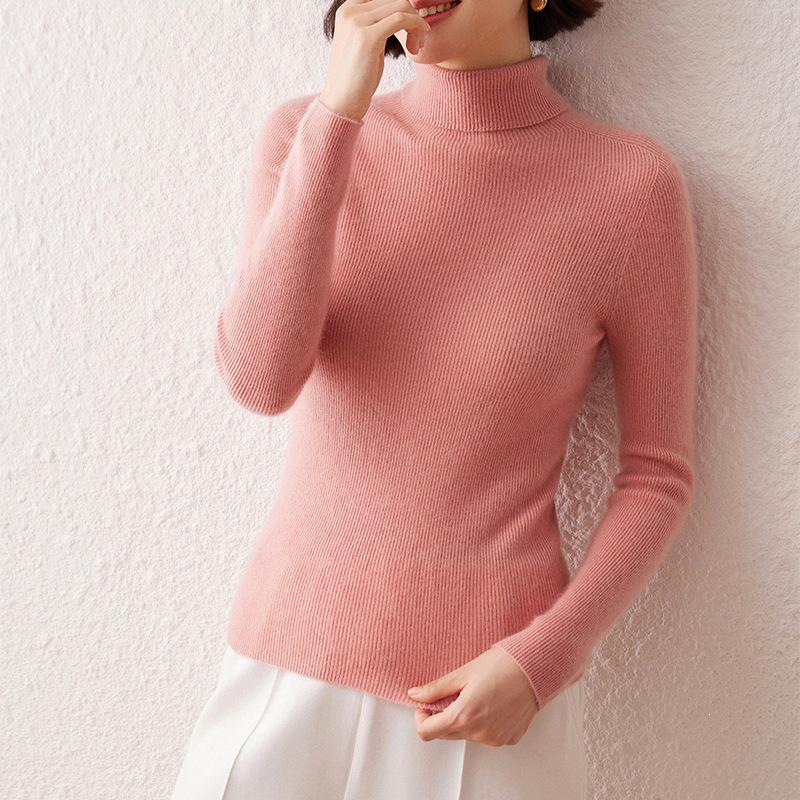 Women's High Neck Cashmere Sweater: Slim Fit Long Sleeve, Stacked Collar Knit for Autumn/Winter