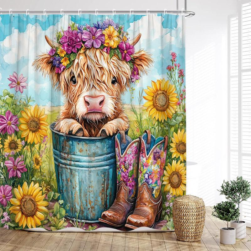 Brown Highland Cattle Shower Curtain Funny Farm Animals Sunset Rustic Flowers Scenery Fabric Bathroom Curtains Decor With Hooks