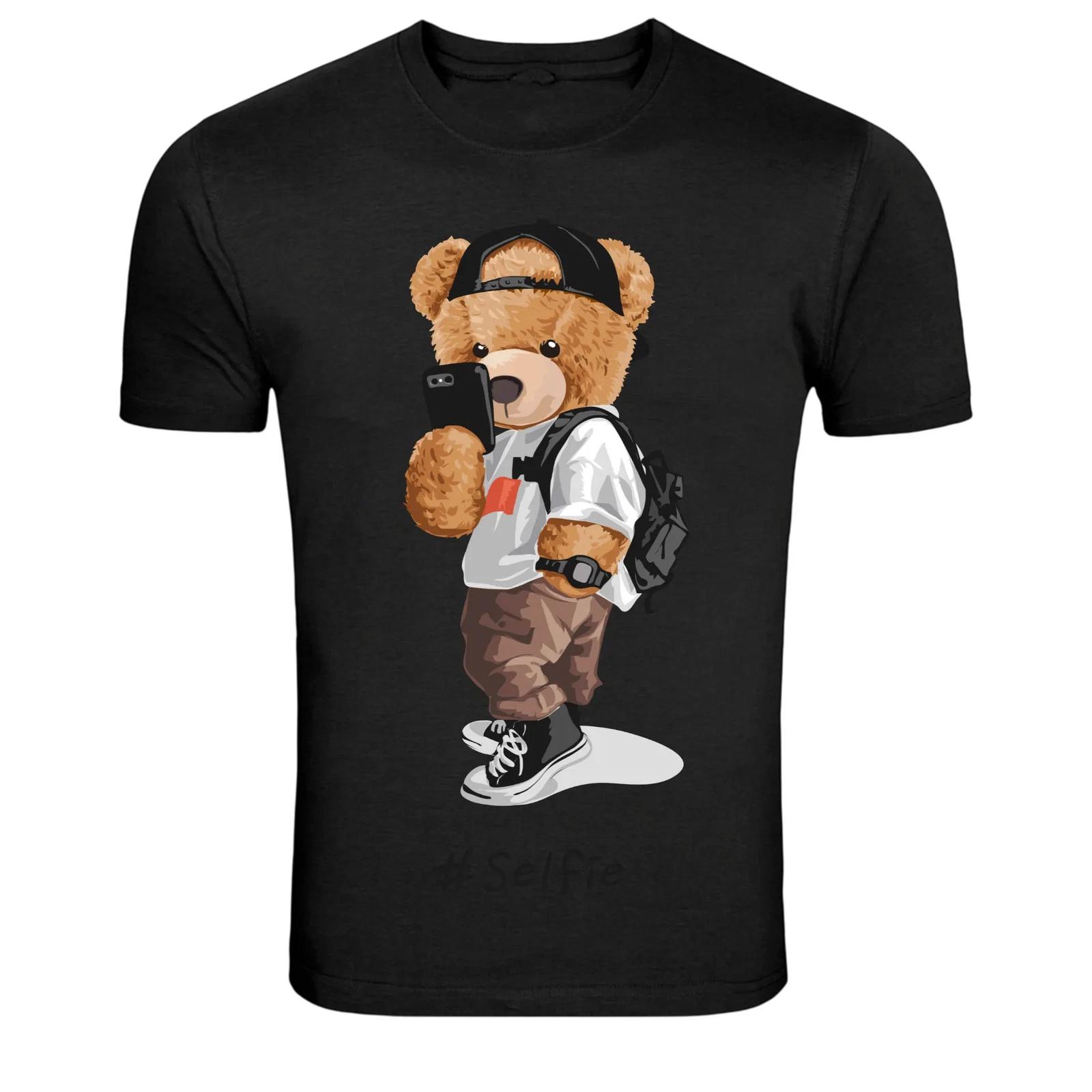 Selfie Teddy Bear Streetwear Graphic T Shirt Cute Urban Tee S