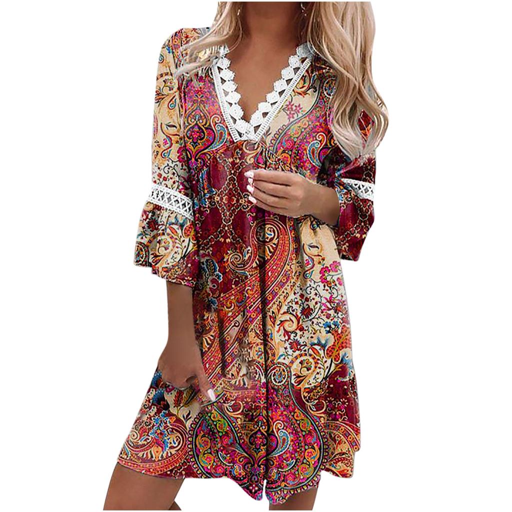 Buy Women Summer Dresses 3/4 Sleeve Party Tunic Swing V Neck Boho Paisley  Lace Trim V-neck Midi Dress at affordable prices — free shipping, real  reviews with photos — Joom