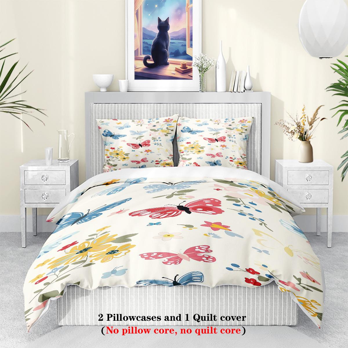 

3pcs Watercolor Butterfly and Flowers pattern printed duvet cover set, queen, king, double bed, for bedroom, guestroom, hotel 135x200cm-EU-Single