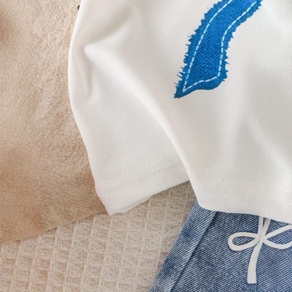 Girls' Fashion Set - Summer Children's Casual White Ribbon-Printed T-Shirt + Washed Denim Pants Set