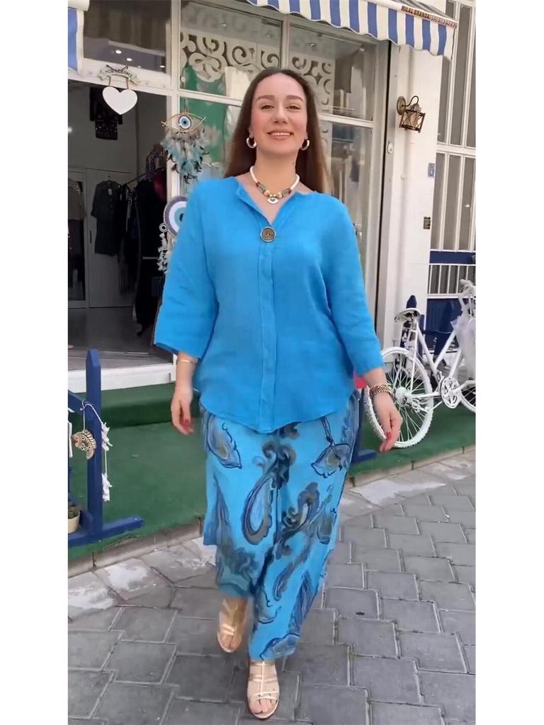 2024 Fashion Women's Cotton Linen Two-Piece Set: Loose Long Sleeve Top & Casual Print Pants