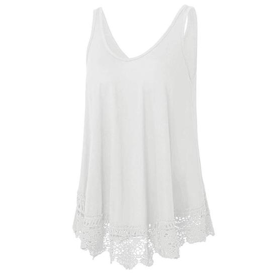 Women Vest Sleeveless Round Neck Lace Hem Solid Color Plus Size