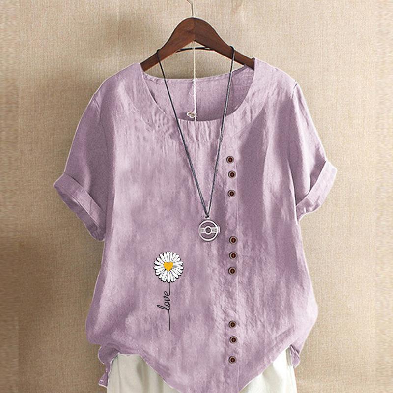 Women's Fashion Chrysanthemum Prined Short Sleeve T-shirt Loose Cotton Shirt Casual Loose Summer Blouse Tops Plus Size
