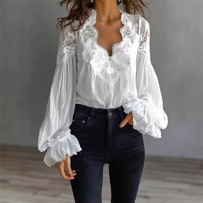Women's V Neck Floral Lace Patchwork Puff Ruffle Long Sleeve Chiffon Blouse