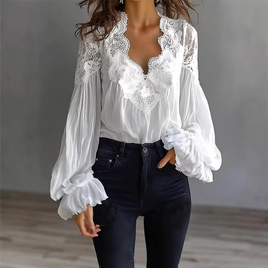 Camicetta da Donna in Chiffon con Scollo a V, Patchwork di Pizzo Floreale, Maniche Lunghe a Sbuffo con Volant