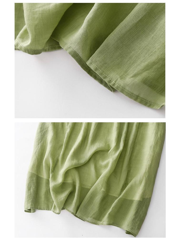2024 Summer Women's Cotton-Linen V-Neck Pleated Retro Dress