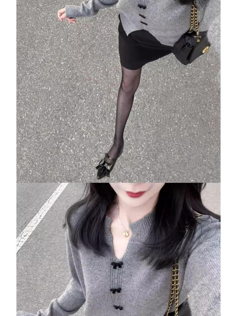 Damen Chic Französisches Grau V-Ausschnitt Schleife Strickpullover - Kleiner Duft Stil für Herbst und Frühling