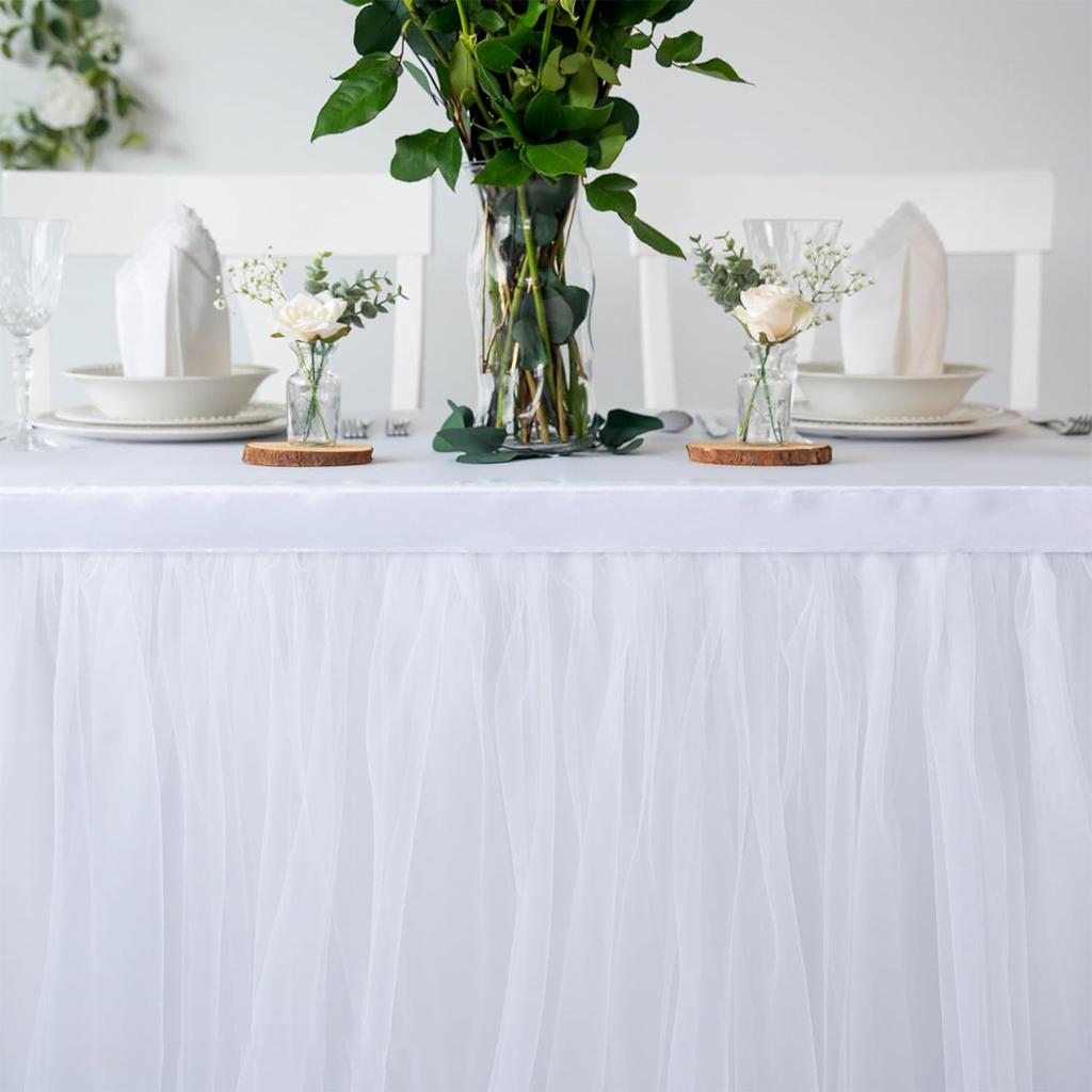1pc White Mesh Table Skirt with Gold Edge, One Layer of Cloth, Two Layers of Yarn Velcro Table Skirt, Wedding Party Decorations