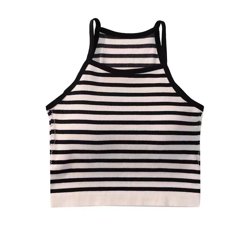 Koreansk Version Kvinder Tanktoppe Tråd Ensfarvet Afslappet Mode Crop Top med Brystpude Stribet Ærmeløs Ydertøj Basis Camisole