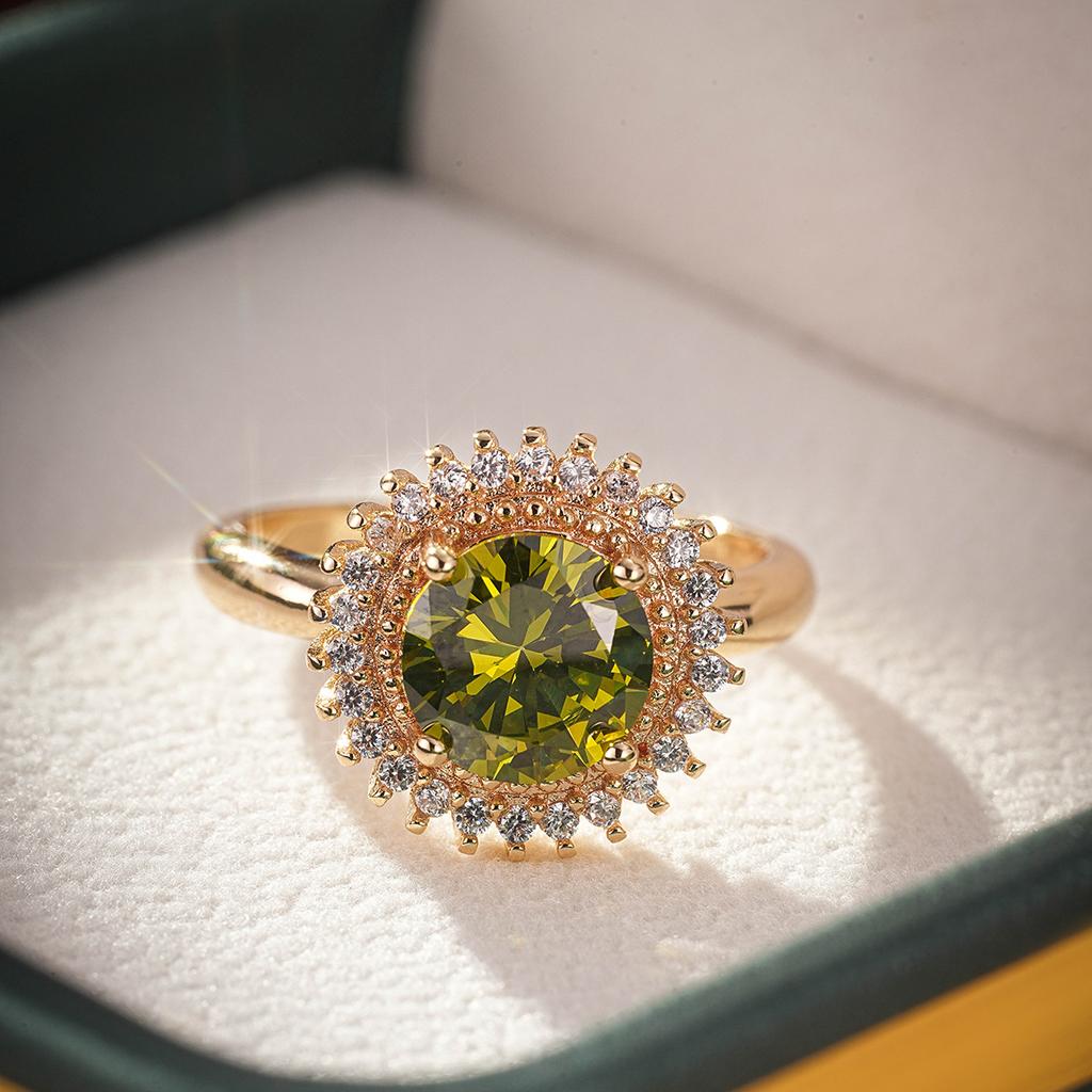 Luxury Female Rings  Sterling Silver Olive Green Round Sunflower Rings for Women Wedding Band Bridal  Bague Anillos