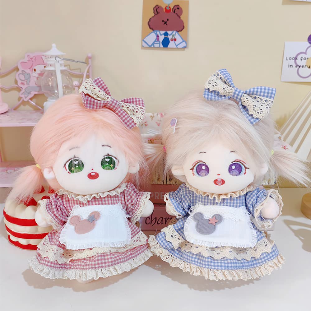 Niannyyhouse 20cm Plush Clothes Checkered Maid Outfit Headwear Apron Dress Dress-Up Cotton Doll Accessories (Pink)