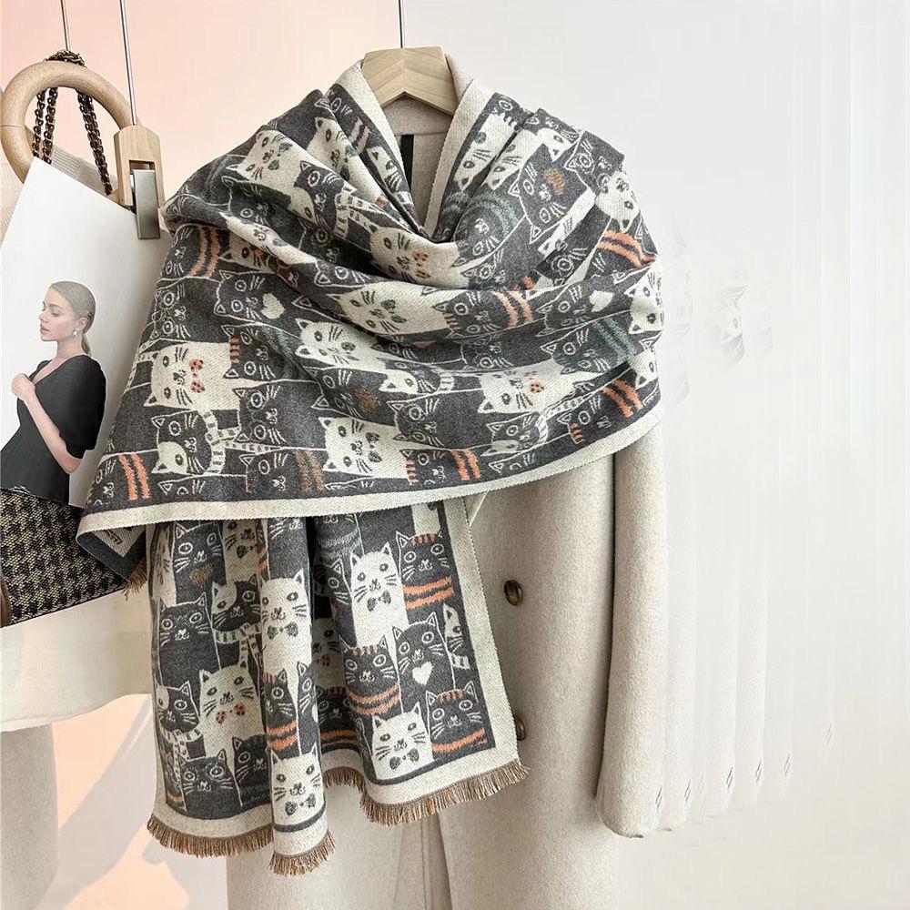 Classic Cartoon Kitten Style Scarf Women's New Versatile Extra Long Imitation Cashmere Fashion Warm Shawl