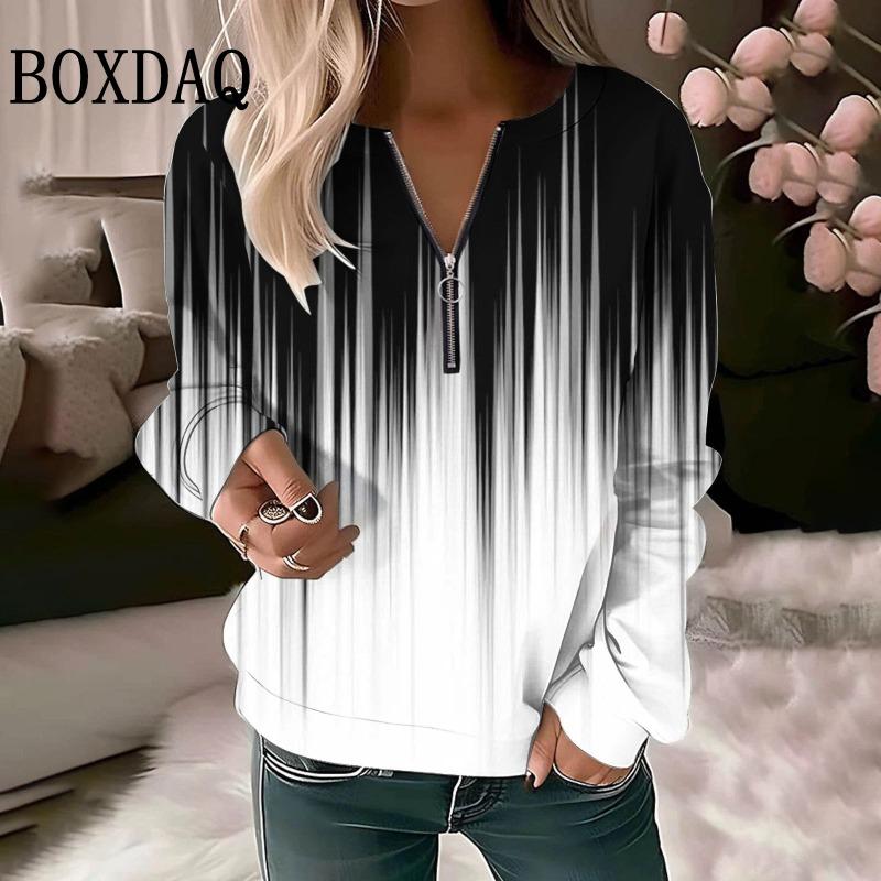 Gradient Printed Long Sleeve Sweatshirts Autumn Winter Fashion Women V-Neck Zipper Pullover Female Tops Casual Sports Hoodies S