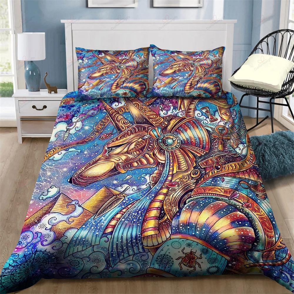 Ancient Egypt Anubis Duvet Cover Set Egyptian Symbol Culture Bedding Sets Vintage Pharaoh Pyramid Boho Tribal Quilt Cover Queen