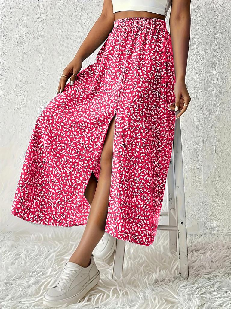 Women's Vintage High Waist Printed Long Skirt with Side Slit - Spring/Summer