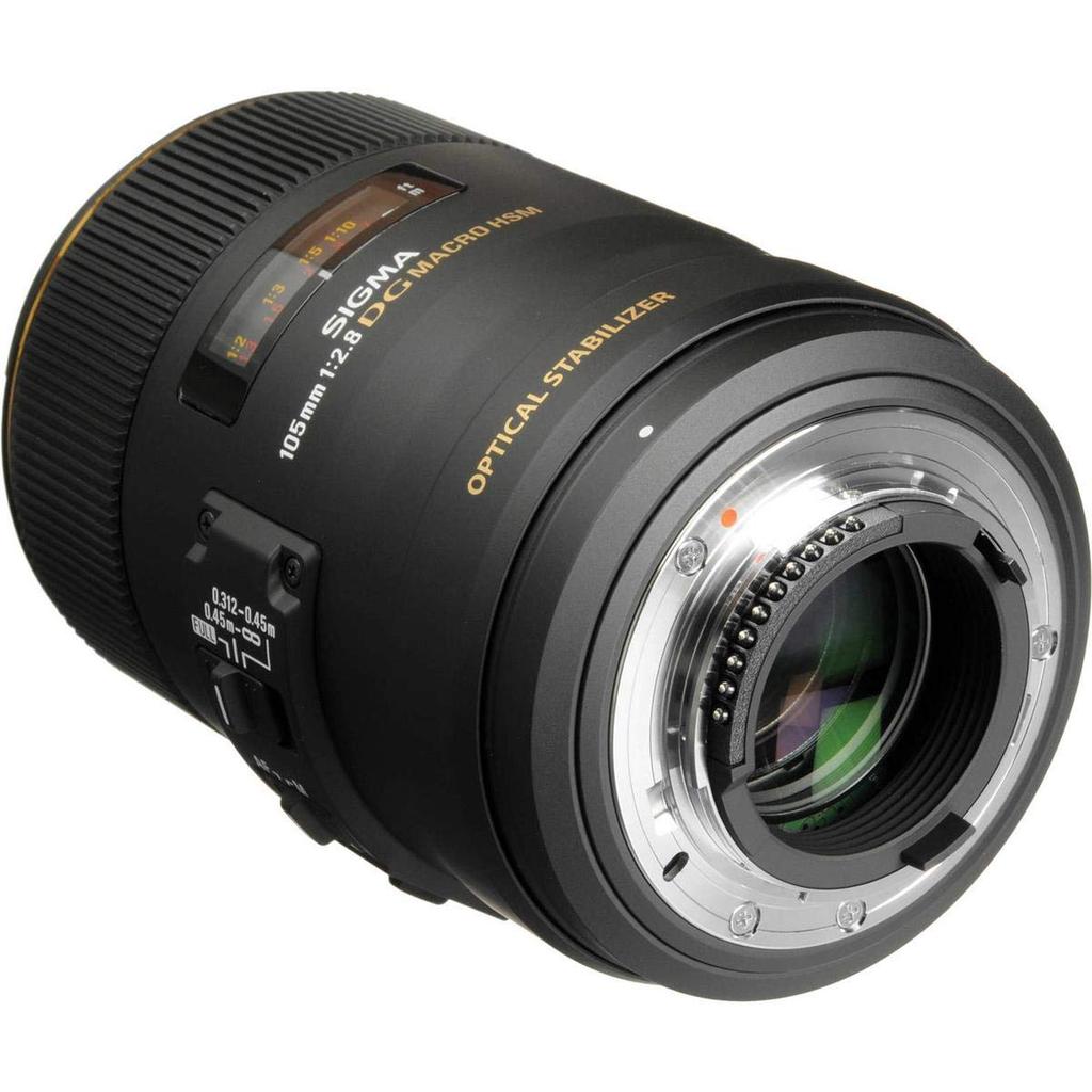 Sigma 105mm EX DG OS HSM MACRO lens for Nikon fixed focal F2.8 F-mount, length, telephoto, full-frame DSLR.