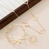 Womens Gold Tone Hollow Lucky Clover Long Necklace Set With Bracelet Ring - Minimalist Floral Jewelry Daily Wear
