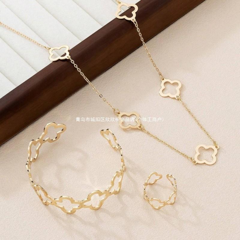 Womens Gold Tone Hollow Lucky Clover Long Necklace Set With Bracelet Ring - Minimalist Floral Jewelry Daily Wear