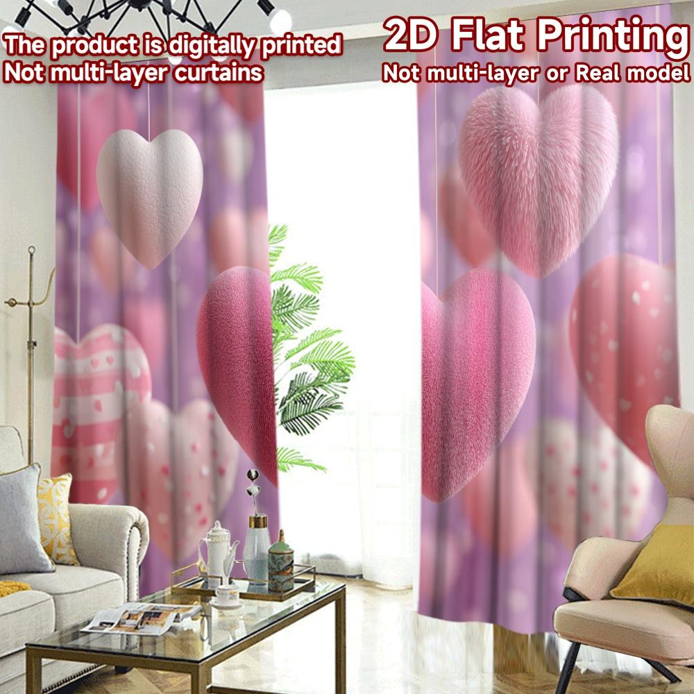 2D FLAT PRINTING 2pcs Curtains (Without Rod) Valentine's Day Pink Hearts and Roses Chic Curtain Chic Versatile Durable Polyester