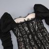 European Black Lace Long Sleeve Formal Dress with French Puff Sleeves, Square Neck, Cut-out Detail, and Slim Fit Mermaid Skirt