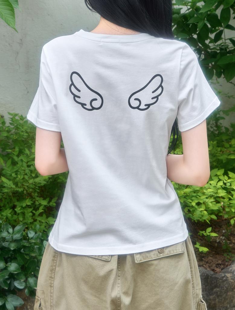 Lupeu Dot Angel Diagonal Button Short Sleeve T-Shirt Ivory Solid