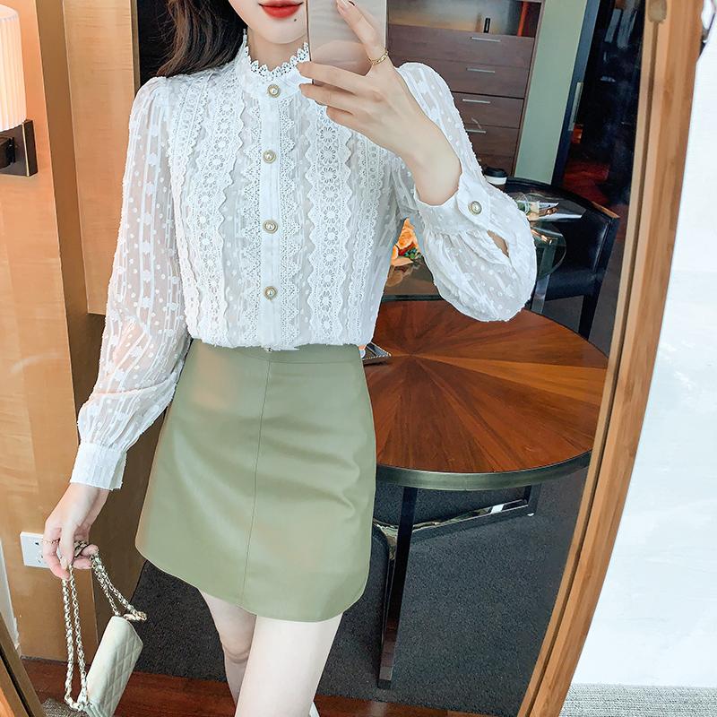 Autumn Women Blouse Long Sleeve White Lace Blouse Shirt Women Tops Stand Collar Blouse Women Clothing J16