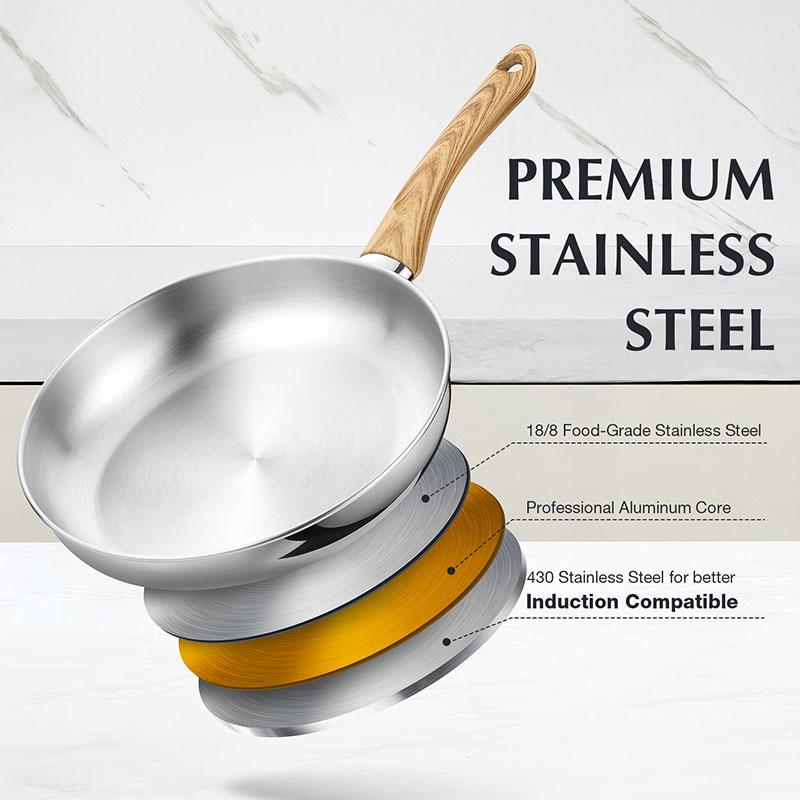 10 inch 12 inch Deep Cooking Frying Pan with Lid No Coating Stainless Steel Frying Pan Skillet with Heat-resistant Handle