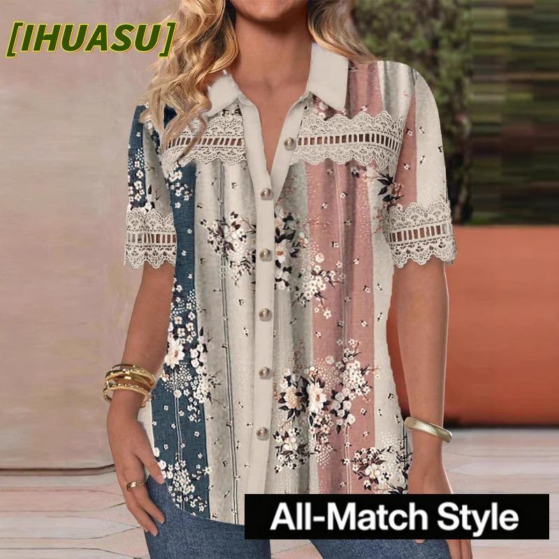 IHUASU Women's Fashion Casual Short Sleeve POLO Neck Blouses & Shirts