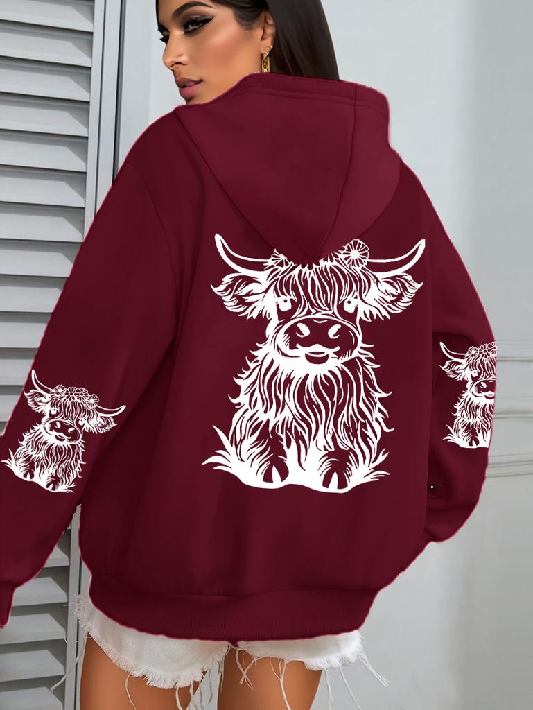 Süßer Haar-Kuh-Cartoon-Druck Kapuzenpullover Damen Fleece Herbst Streetwear Bequemer Lässiger Hoodie Y2K Tasche All-Match Kapuzenpullover