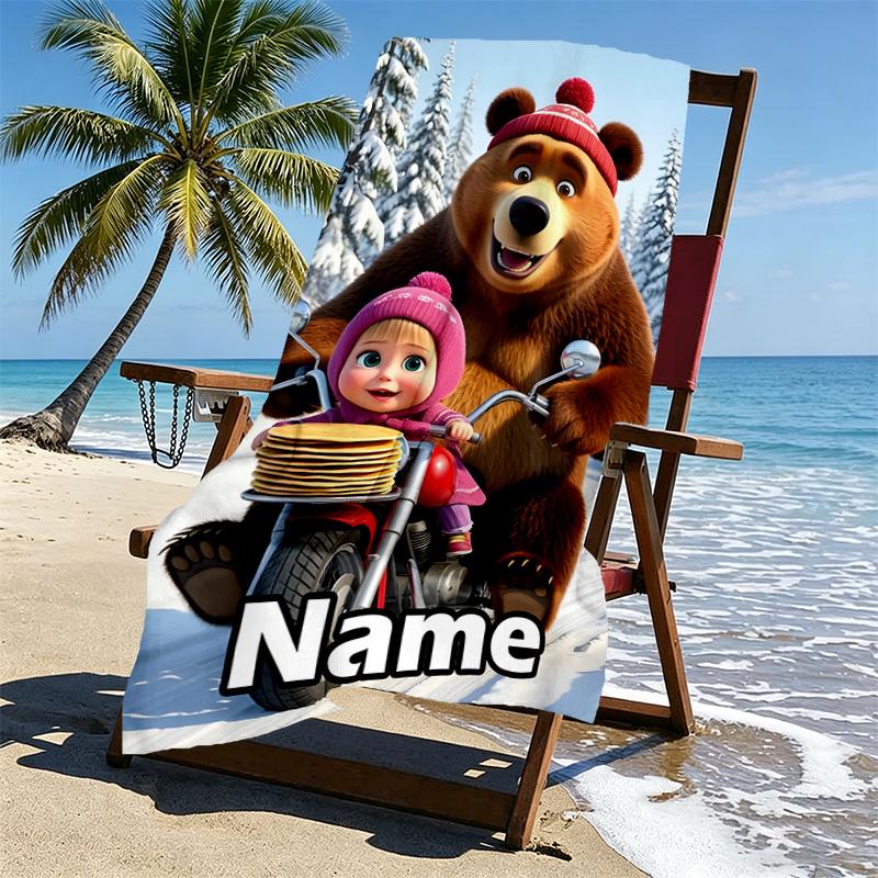 Asciugamano da Spiaggia Personalizzato con Nome Masha e Orso, per Viaggio Campeggio Festa in Spiaggia Decorazione Casa, Regalo di Compleanno per Famiglia e Amici